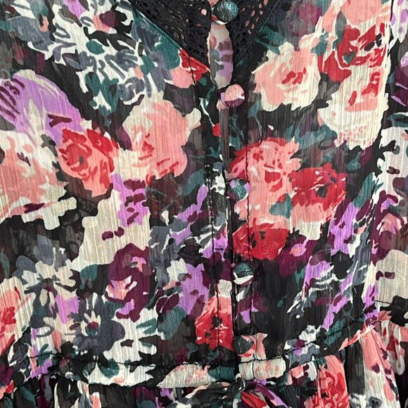Forever 21 Babydoll Dress M Sheer Ruffles Asymmetric Dark Floral Fairy Cottageco - Picture 5 of 13
